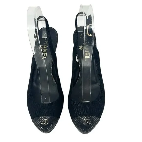 Chanel Tweed Slingback Cap Toe CC Logo Pumps Black Size 38 - Picture 4 of 12